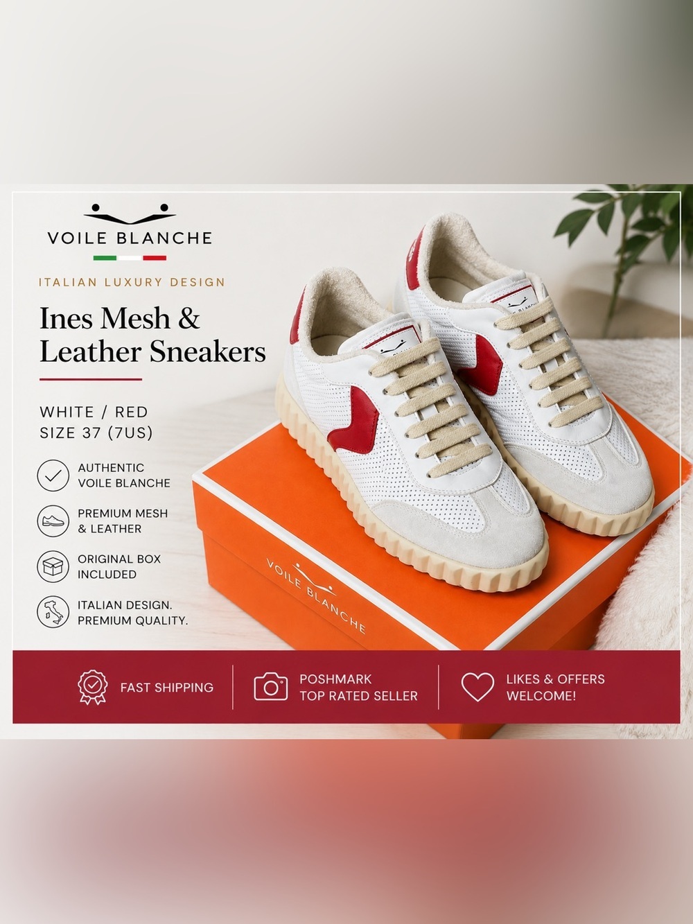 Voile Blanche Ines Mesh & Leather Sneakers - White/Red NIBox Size 37 (7US)